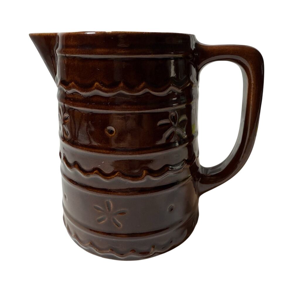 Marcrest Brown Stoneware Pitcher 7” Embossed Floral Glossy Impressed Backstamp